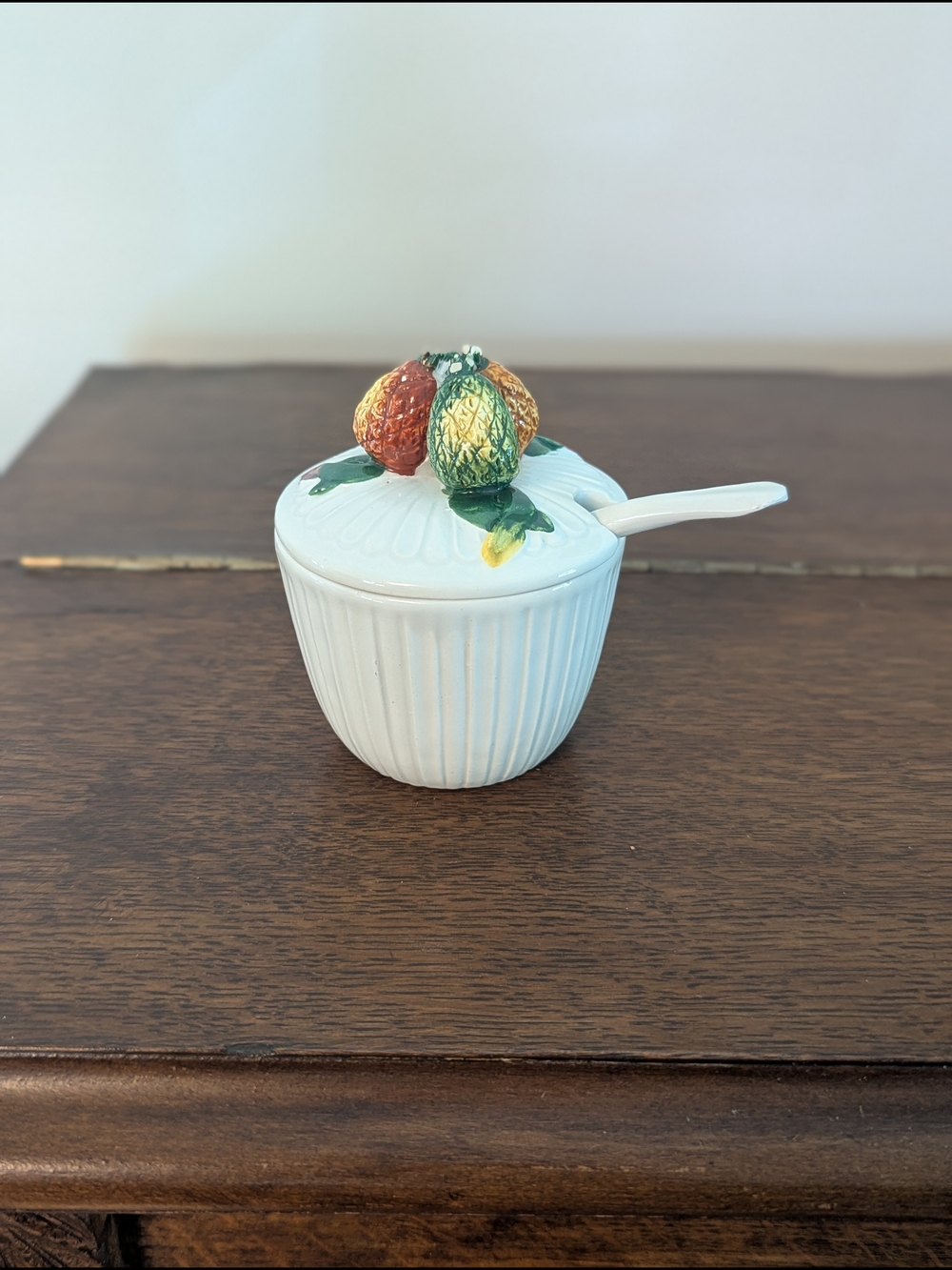 Italian Ceramic Ribbed Condiment Jar with Spoon